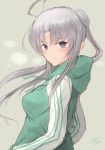  1girl ahoge akitsushima_(kantai_collection) alternate_costume artist_name blush eyebrows_visible_through_hair from_side green_sweater grey_background grey_hair hazuki_futahi kantai_collection long_hair long_sleeves looking_at_viewer side_ponytail sidelocks simple_background solo sweater upper_body violet_eyes 