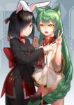  2girls ahoge akashi_(azur_lane) animal_ears azur_lane baiyin bangs black_hair blunt_bangs bottomless braid cat_ears commentary_request eyebrows_visible_through_hair fang green_hair hair_over_one_eye hand_holding hand_on_another&#039;s_chest highres japanese_clothes kimono long_hair looking_at_viewer multiple_girls obi open_mouth rabbit_ears red_eyes sash shiranui_(azur_lane) smile v very_long_hair wide_sleeves yellow_eyes 