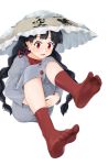  1girl absurdres ajirogasa black_hair braid buttons capelet clothes_writing commentary_request dress earlobes feet full_body grey_dress hands_together hands_under_legs hat highres jizou knees_up long_hair long_sleeves open_mouth puchikya red_capelet red_eyes red_legwear sitting smile snow snow_on_head socks soles solo toes touhou tube_socks twin_braids white_background yatadera_narumi 