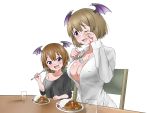  2girls :d ;d ariel_(kagemusha) black_shirt blush breasts brown_hair camilla_(kagemusha) child collarbone commentary_request covered_nipples crying crying_with_eyes_open cup curry curry_rice demon_girl demon_wings dress_shirt drinking_glass eating eyebrows_visible_through_hair fang food food_on_face happy_tears head_wings highres kagemusha large_breasts looking_at_viewer mole mole_under_eye mother_and_daughter multiple_girls naked_shirt no_bra off_shoulder one_eye_closed open_clothes open_mouth open_shirt original oversized_clothes oversized_shirt rice runny_nose shirt short_hair simple_background sitting smile spoon succubus t-shirt tears violet_eyes white_background white_shirt wings wiping_tears 