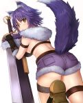  1girl aki_makoto animal_ear_fluff animal_ears arm_belt ass back bangs belt black_bikini_top black_gloves blush breasts closed_mouth dargo eyebrows_visible_through_hair fingerless_gloves fur_collar fur_trim gloves holding holding_sword holding_weapon leaning_forward looking_at_viewer looking_back medium_breasts princess_connect! princess_connect!_re:dive purple_hair purple_shorts shoes short_hair short_shorts shorts simple_background solo standing standing_on_one_leg sword tail thigh_strap weapon white_background wolf_ears wolf_tail yellow_eyes 