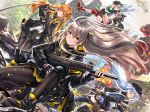  404_(girls_frontline) 4girls :q aircraft arm_up armband assault_rifle bangs beret black_bow black_footwear black_gloves black_jacket black_shorts black_skirt blue_hair blush boots bow brown_eyes brown_hair brown_legwear building burning car closed_mouth commentary_request cross-laced_footwear day dress_shirt dutch_angle eyebrows_visible_through_hair fingerless_gloves fire flat_cap floating_hair g11 g11_(girls_frontline) girls_frontline gloves green_eyes green_hair green_jacket ground_vehicle gun h&amp;k_ump45 h&amp;k_ump9 hair_between_eyes hair_bow hair_ornament hairclip hand_on_headwear hat heckler_&amp;_koch helicopter highres hk416 hk416_(girls_frontline) holding holding_gun holding_weapon holster jacket lace-up_boots long_hair long_sleeves looking_at_viewer motor_vehicle multiple_girls navel object_namesake one_knee one_side_up open_clothes open_jacket outdoors pantyhose parted_lips pleated_skirt purple_jacket purple_legwear red_eyes red_footwear rifle rubble scar scar_across_eye shirt shoe_soles short_shorts shorts silver_hair skirt skyscraper smile smoke standing swordsouls thigh-highs thigh_holster tongue tongue_out tree trigger_discipline twintails ump45_(girls_frontline) ump9_(girls_frontline) very_long_hair weapon white_gloves white_shirt 