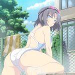 1girl ass blue_eyes bow breasts collarbone grey_hair hair_bow large_breasts looking_at_viewer official_art one-piece_swimsuit senran_kagura senran_kagura_shinovi_versus short_hair solo swimsuit water wet yaegashi_nan yumi_(senran_kagura)