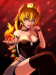  1girl :d armlet black_legwear blonde_hair blue_eyes bowsette breasts cleavage collar collarbone earrings eyebrows_visible_through_hair fangs fire hair_between_eyes head_rest high_ponytail hizuki_rei horns jewelry large_breasts legs_crossed long_hair looking_at_viewer super_mario_bros. new_super_mario_bros._u_deluxe nintendo open_mouth pointy_ears sitting smile solo strapless super_crown thigh-highs 