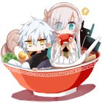  ! 1boy 1girl anastasia_(fate/grand_order) blue_eyes bowl chibi eating egg fate/grand_order fate_(series) food hairband kadoc_zemlupus miniboy minigirl noodles ramen shio_kuzumochi spoken_exclamation_mark yellow_eyes 