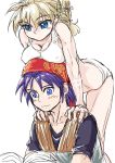  1boy 1girl 90s arched_back bangs blonde_hair blue_eyes blush book breast_rest breasts breasts_on_head character_request chrono_cross cleavage collarbone covered_nipples embarrassed hetero kid_(chrono_cross) open_book purple_hair s-a-murai simple_background sketch tank_top_lift toned white_background white_tank_top 