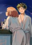  1boy 1girl :d blush boku_no_hero_academia brown_eyes brown_hair building freckles green_eyes green_hair messy_hair midoriya_izuku night night_sky open_mouth short_hair sketch sky skyscraper smile star_(sky) starry_sky tamomoko uraraka_ochako white_robe 