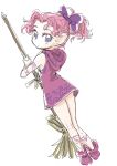  1girl back bare_arms bare_legs bare_shoulders bow broom character_request colored_eyelashes commentary_request curly_hair dutch_angle eye_color_request eyelashes forehead from_behind full_body holding holding_broom hood hood_down kneepits legend_of_mana long_legs looking_at_viewer looking_back pink_hair purple_bow s-a-murai seiken_densetsu simple_background sketch solo standing white_background widow&#039;s_peak 