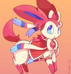  :o armband artist_name blue_eyes blue_sclera bow brooch cape commentary creatures_(company) game_freak gem gen_6_pokemon gradient gradient_background highres jewelry looking_to_the_side nintendo orange_background pokemon pokemon_(anime) pokemon_(creature) purpleninfy ribbon sylveon 