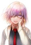  1girl :d fate/grand_order fate_(series) glasses hair_over_one_eye harunatsu_akifumi hood hood_down hooded_jacket jacket looking_at_viewer mash_kyrielight necktie open_clothes open_jacket open_mouth pink_hair red_neckwear short_hair smile upper_body violet_eyes 