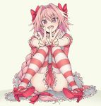  1boy ass astolfo_(fate) bangs blush bow braid choker double_v dress fang fate/apocrypha fate_(series) frills hair_between_eyes hair_intakes hand_gesture high_heels highres knees_up legs long_braid long_hair looking_at_viewer male_focus multicolored_hair open_mouth otoko_no_ko panties pas_(paxiti) pink_dress pink_footwear pink_hair pink_legwear red_bow simple_background single_braid sitting smile solo streaked_hair striped striped_legwear thighs underwear v violet_eyes white_background white_panties 