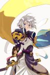 1boy blue_eyes closed_mouth fate/grand_order fate_(series) gao_changgong_(fate) gloves hair_between_eyes holding holding_sword holding_weapon looking_at_viewer male_focus pspsno_pan short_hair silver_hair simple_background smile solo sword weapon white_background 