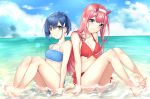  2girls barefoot beach bikini blue_bikini blue_eyes blue_hair blue_sky bow breasts cleavage clouds collarbone darling_in_the_franxx day front-tie_bikini front-tie_top fu_xiao full_body green_eyes hair_ornament hairband hairclip highres horns ichigo_(darling_in_the_franxx) lens_flare long_hair looking_at_viewer medium_breasts multiple_girls ocean outdoors pink_hair red_bikini red_bow shiny shiny_hair short_hair sitting sky smile swimsuit very_long_hair white_hairband zero_two_(darling_in_the_franxx) 