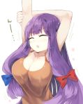  1girl ^_^ alternate_costume arms_up bangs blue_bow blush bow breasts brown_tank_top cleavage closed_eyes collarbone commentary_request eyebrows_visible_through_hair hair_between_eyes hair_bow kasuka_(kusuki) large_breasts long_hair no_hat no_headwear open_mouth patchouli_knowledge purple_hair red_bow sidelocks simple_background solo stretch tank_top tears touhou translated upper_body very_long_hair white_background 