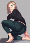  1girl absurdres ass barefoot black_sweater blonde_hair breasts commentary_request from_behind green_eyes green_pants grey_background highres kagematsuri long_hair original pants parted_hair parted_lips shadow solo squatting sweater 