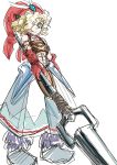 1boy blonde_hair character_request closed_mouth curly_hair green_eyes hair_over_one_eye hat holding holding_weapon legend_of_mana red_hat s-a-murai seiken_densetsu simple_background sketch smile solo standing toto_(lom) weapon weapon_request white_background 