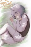  1girl anteater_ears anteater_tail blush closed_eyes commentary_request curled_up extra_ears fur_collar grey_hair kemono_friends long_sleeves lying multicolored_hair note_(suzu_note000) on_side pantyhose short_hair shorts sleeveless solo southern_tamandua_(kemono_friends) translated white_hair 