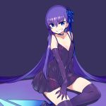  1girl absurdly_long_hair alternate_costume black_dress black_gloves blue_eyes chan_co choker dress elbow_gloves eyebrows_visible_through_hair fate/extra fate/extra_ccc fate/grand_order fate_(series) flower gloves grin hair_flower hair_ornament jewelry long_hair meltlilith purple_hair simple_background single_earring sitting smile solo thigh-highs v-shaped_eyebrows very_long_hair yokozuwari 