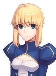  1girl ahoge artoria_pendragon_(all) blonde_hair blue_dress boa_(brianoa) braid breasts cleavage closed_mouth dress eyebrows_visible_through_hair fate/stay_night fate_(series) green_eyes hair_between_eyes highres juliet_sleeves long_sleeves looking_at_viewer puffy_sleeves saber simple_background small_breasts solo upper_body white_background 