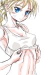  1girl 90s arched_back blonde_hair blue_eyes breasts chrono_cross cleavage closed_mouth collarbone colored_eyelashes eyelashes kid_(chrono_cross) lifted_by_self medium_breasts multi-tied_hair s-a-murai simple_background sketch solo tank_top_lift toned upper_body white_background white_tank_top 
