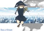  1girl bangs braid broom broom_riding brown_hair city closed_mouth commentary_request dress full_body hat long_hair long_sleeves looking_at_viewer madotsuki robe shoes sidelocks solo twin_braids twintails witch witch_hat yume_nikki 