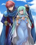  1boy 1girl armor ataka_takeru bare_shoulders blue_hair blush cape dress eliwood_(fire_emblem) fingerless_gloves fire_emblem fire_emblem:_rekka_no_ken fire_emblem_heroes gloves hair_ornament long_hair looking_at_viewer mamkute ninian nintendo open_mouth red_eyes redhead short_hair simple_background smile 