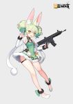  1girl :3 absurdres animal_ear_fluff animal_ears ankle_cuffs ankle_ribbon art556_(girls_frontline) bangs charles_(106858) commentary copyright_name detached_sleeves double_bun dress fang fur-trimmed_dress fur-trimmed_sleeves fur_trim girls_frontline green_dress green_hair green_ribbon grey_background gun hair_ribbon highres holding holding_gun holding_weapon looking_at_viewer open_mouth pom_pom_(clothes) ribbon ribbon-trimmed_sleeves ribbon_trim side_bun simple_background sleeveless sleeveless_dress smile solo taurus_art556 thigh_strap weapon white_footwear white_sleeves yellow_eyes 