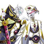  2boys ainz_ooal_gown armor black_sclera code_geass cosplay gloves hand_on_shoulder hat holding holding_sword holding_weapon lelouch_lamperouge lelouch_lamperouge_(cosplay) multiple_boys nekomaestra9 overlord_(maruyama) red_eyes simple_background skeleton sparkle sword touch_me weapon white_background 