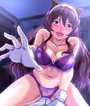  1boy 1girl animal_ears ashigara_(kantai_collection) bangs blush bra brown_eyes brown_hair fake_animal_ears gloves hair_between_eyes highres kantai_collection long_hair open_mouth panties purple_bra purple_panties sitting sitting_on_person sweat swept_bangs underwear wavy_hair white_gloves wolf_ears zanntetu 