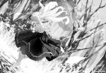  1girl boots gloves greyscale highres knee_boots long_hair monochrome official_art parasol solo takase_akiko tree umbrella violet_evergarden violet_evergarden_(character) 