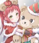  1girl animal_ears bangs bear_ears blush bow brown_gloves brown_hairband capelet christmas closed_mouth commentary_request crown dress fake_animal_ears fur-trimmed_capelet fur-trimmed_dress fur_trim gloves green_eyes hairband houjou_ayane keiran_(ryo170) looking_at_viewer mini_crown object_hug princess_connect! princess_connect!_re:dive red_bow red_capelet red_dress redhead santa_costume sidelocks smile solo stuffed_animal stuffed_toy teddy_bear twintails 