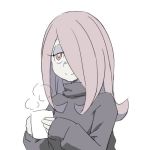  1girl coffee_mug commentary_request cup hair_over_one_eye half-closed_eyes holding holding_cup little_witch_academia long_hair lowres mug official_style pale_skin pink_hair red_eyes satochi_(twitter) simple_background smile solo steam sucy_manbavaran sweater upper_body white_background 