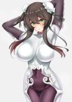  1girl armpits arms_behind_head arms_up bangs blush bodysuit breasts brown_hair bun_cover chinese_clothes covered_navel double_bun fate/grand_order fate_(series) green_eyes green_ribbon hair_between_eyes hair_ribbon highres hips large_breasts long_hair looking_at_viewer parted_lips qin_liangyu_(fate) ribbon sankakusui sidelocks simple_background solo thighs white_background white_bodysuit 