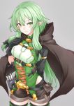  1girl arm_behind_back arrow asya black_bow blush bow breasts brown_cape brown_shorts cape clenched_hand cowboy_shot elf eyebrows_visible_through_hair gloves goblin_slayer! gold_trim green_eyes green_hair grey_background hair_bow hair_ribbon hand_up high_elf_archer_(goblin_slayer!) highres holstered_weapon hooded_cape knife long_hair looking_at_viewer navel open_mouth pointy_ears quiver ribbon short_shorts shorts sidelocks simple_background small_breasts smile solo thigh-highs tress_ribbon weapon 