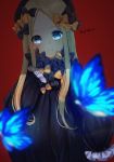  1girl abigail_williams_(fate/grand_order) bangs black_bow black_dress black_hat blonde_hair blue_eyes blurry blurry_foreground bow bug butterfly character_name closed_mouth commentary_request depth_of_field dress eyebrows_visible_through_hair fate/grand_order fate_(series) forehead glowing hair_bow hand_up hat head_tilt highres insect long_hair long_sleeves mochiro_chio orange_bow parted_bangs polka_dot polka_dot_bow red_background sleeves_past_fingers sleeves_past_wrists smile solo very_long_hair 