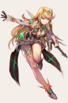  1girl armor bangs blonde_hair breasts cleavage cleavage_cutout earrings elbow_gloves gem gloves hankuri headpiece mythra_(xenoblade) jewelry large_breasts nintendo simple_background solo swept_bangs sword thigh_strap tiara weapon xenoblade_(series) xenoblade_2 yellow_eyes 