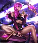  1girl bare_shoulders breasts claws detached_sleeves earrings evelynn feather_trim halter_top halterneck high_heels idol jewelry k/da_(league_of_legends) k/da_evelynn league_of_legends liang_xing lips lipstick long_hair looking_at_viewer makeup medium_breasts microphone midriff nail_polish necklace parted_lips purple_hair sitting solo violet_eyes 