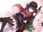  1girl bangs black_hair black_legwear black_sailor_collar black_skirt breasts cherry_blossoms closed_mouth coat commentary_request eyebrows_visible_through_hair girls_frontline green_coat gun hair_ornament highres holding holding_gun holding_weapon k.syo.e+ knees_up long_hair long_sleeves looking_at_viewer lying medium_breasts miniskirt mouth_hold neckerchief on_back one_side_up open_clothes open_coat pantyhose pleated_skirt red_eyes red_neckwear red_scarf sailor_collar scarf school_uniform serafuku sidelocks skirt smile solo submachine_gun type_100 type_100_(girls_frontline) weapon 