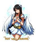  1girl absurdres ambriel_(synicode) angel_wings belt black_hair borrowed_character closed_eyes collarbone commentary cropped_legs dress english english_commentary facing_viewer flower hair_flower hair_ornament highres jewelry long_hair necklace original pride-kun sidelocks smile solo steepled_fingers transparent_background very_long_hair white_dress wings 