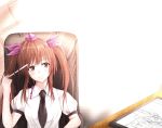  1girl arm_rest black_neckwear brown_eyes brown_hair chair commentary_request desk elbow_rest frilled_shirt_collar frills frown hair_ribbon hat head_tilt himekaidou_hatate holding_stylus kure:kuroha looking_at_viewer necktie negative_space puffy_short_sleeves puffy_sleeves purple_ribbon ribbon shirt short_sleeves sitting solo stylus tablet_pc tokin_hat touhou two_side_up upper_body white_background white_shirt 