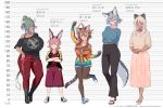  1girl 5girls :d animal_ear_fluff animal_ears arm_up arms_behind_back asagaya_rin bangs belt black_legwear black_pants blue_eyes boots breasts brown_hair cat_ears cat_tail character_name clenched_hands collarbone commentary_request cow_ears cow_horns cow_tail crossed_arms curly_hair cutoffs dark_skin full_body gloves green_eyes green_hair grey_hair hair_between_eyes hair_over_one_eye hands_together height_chart heterochromia high_heels high_ponytail horns huge_breasts jacket large_breasts long_skirt looking_at_viewer looking_away medium_breasts morinobe_hiyori multiple_girls off-shoulder_shirt open_mouth orange_eyes original pants pantyhose pantyhose_under_shorts paws pink_eyes pink_hair rabbit_ears red_pants shinonome_hanabi shirt shoes short_shorts shorts skirt skull_print smile smirk sneakers solo standing standing_on_one_leg tail toyosaka_momo uneven_eyes watermark web_address white_hair wolf_ears wolf_tail yagatake_arashi yana_(nekoarashi) yellow_eyes 