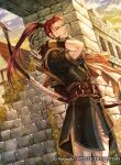  1boy armor arrow_(projectile) bow_(weapon) company_name fire_emblem fire_emblem_cipher gloves holding holding_weapon long_hair looking_at_viewer outdoors ponytail quiver redhead shinon_(fire_emblem) short_sleeves takaya_tomohide weapon 