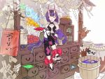  1girl anklet barefoot barefoot_sandals basket book bow chest_of_drawers closed_eyes colorful cursive doll drawer fate/grand_order fate_(series) gem horns jewelry label merchants_chest money nunnun000nunnun oni purple_hair rope shimenawa shuten_douji_(fate/grand_order) sitting sitting_on_object smile toes tub 