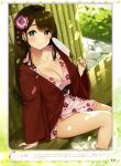  1girl absurdres artist_name bamboo_fence bangs bare_legs bath_yukata bekotarou blush breasts brown_hair bush cleavage closed_mouth collarbone day dengeki_moeou dutch_angle eyebrows_visible_through_hair eyelashes fan fence floral_print flower green_eyes hair_flower hair_ornament hand_up hanten_(clothes) highres holding holding_fan japanese_clothes jewelry kimono large_breasts light lips long_hair looking_at_viewer mole mole_under_eye no_bra obi onsen open_clothes open_kimono original outdoors page_number paper_fan parted_bangs pink_kimono ring sash shadow short_kimono short_yukata sidelocks sitting smile soaking_feet solo straight_hair thighs translation_request uchiwa water wedding_band wide_sleeves yukata 