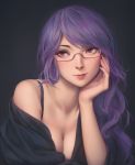  1girl arm_support bare_shoulders black_shirt breasts brown_eyes brown_nails cleavage closed_mouth collarbone commentary_request fingernails grey_background hand_up head_tilt highres kamishiro_rize long_hair medium_breasts miura-n315 nail_polish off_shoulder purple_hair red-framed_eyewear semi-rimless_eyewear shirt solo tokyo_ghoul under-rim_eyewear upper_body wavy_hair 