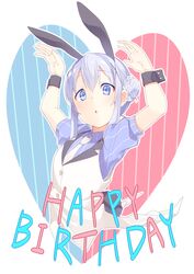  1girl animal_ears arms_up blue_eyes blue_hair braid bunny_pose chestnut_mouth collared_shirt cropped_torso eyebrows_visible_through_hair gochuumon_wa_usagi_desu_ka? hair_between_eyes hair_bun hair_ornament happy_birthday hetareeji highres kafuu_chino looking_at_viewer necktie open_mouth outline puffy_short_sleeves puffy_sleeves rabbit_ears shirt short_sleeves solo striped striped_shirt vertical-striped_shirt vertical_stripes white_outline wrist_cuffs x_hair_ornament 