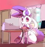  :o alternate_color artist_name bow cable chest_of_drawers clouds commentary computer creatures_(company) desk door drawing_tablet emoticon game_freak gen_6_pokemon indoors laptop nintendo no_humans pen pokemon pokemon_(creature) power_cord prehensile_ribbon purple_sclera purpleninfy ribbon sky sylveon violet_eyes window 