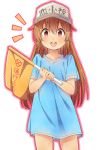  1girl :d blue_shirt blush brown_eyes brown_hair character_name clothes_writing collarbone commentary_request cowboy_shot flag flat_cap grey_hat hands_up hat hataraku_saibou highres holding holding_flag jabittoson long_hair looking_at_viewer open_mouth platelet_(hataraku_saibou) round_teeth shirt short_sleeves smile solo teeth upper_teeth very_long_hair white_background 