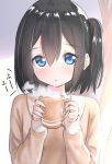  1girl :o bangs blue_eyes blush brown_hair brown_shirt coffee_mug commentary_request cup curtains eyebrows_visible_through_hair hair_between_eyes hands_up highres holding holding_cup long_sleeves mug one_side_up original parted_lips shirt sleeves_past_wrists solo steam suzunari_shizuku translated upper_body yuki_arare 