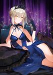  1girl arm_support artoria_pendragon_(all) blonde_hair blue_dress blue_gloves breasts choker cleavage dress fate/grand_order fate_(series) gloves hair_between_eyes ice_(ice_aptx) lace lace_choker medium_breasts navel_cutout saber saber_alter side_slit solo thighs yellow_eyes 